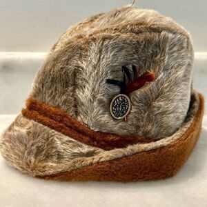 Antique German Faux Fur Trapper Feather Winter Beige Brown Fedora Hat Cap One Si